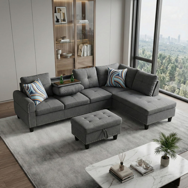 Upholstered Sectional With Hidden Table And Storage Ottoman-Medieum Grey, Right Hand Facing, Gray Linen