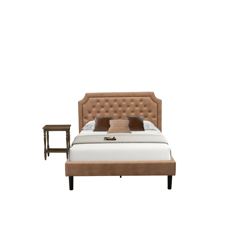 2-Piece Platform Bedroom Set with Button Tufted Bed Frame and a Distressed Jacobean Mid Century Modern Nightstand - Brown faux Leather with Brown Texture and Black Legs