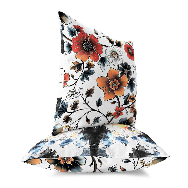 Coussin décoratif intérieur / extérieur Bloom and Chirp, Blanc/rouge, H 18 po x l 18 po
