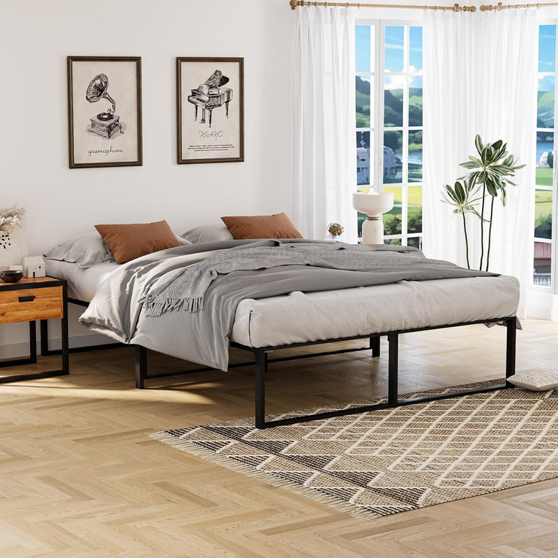 Full Metal Bed Frame Platform with Steel Slat Support 14 Inch High Platform Bed Frame No Box Spring Needed Under Bed Storage Easy Assembly Quiet Sturdy Design