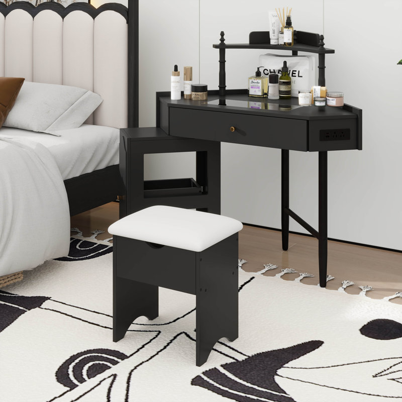 Bureau de coin de coiffeuse, coiffeuse de maquillage moderne avec station de charge, coiffeuse avec tiroirs et tablettes