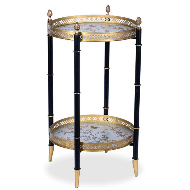 PEWTER & BLACK  ROUND TWO TIER SHELF TABLE, Black/Gold/Pewter