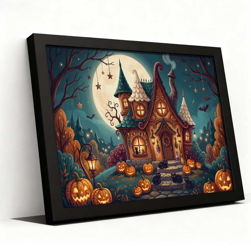 Art mural sur toile Spooky Witch House avec citrouilles et chats noirs, H 24 po x l 36 po