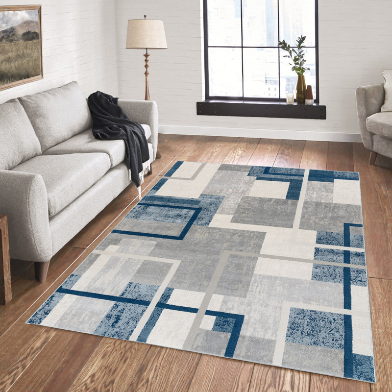 Ethan Abstract Geo High-Low Indoor Area Rug, Modern Blue Polyester/Polypropylene – Living Room & Bedroom - 9x13