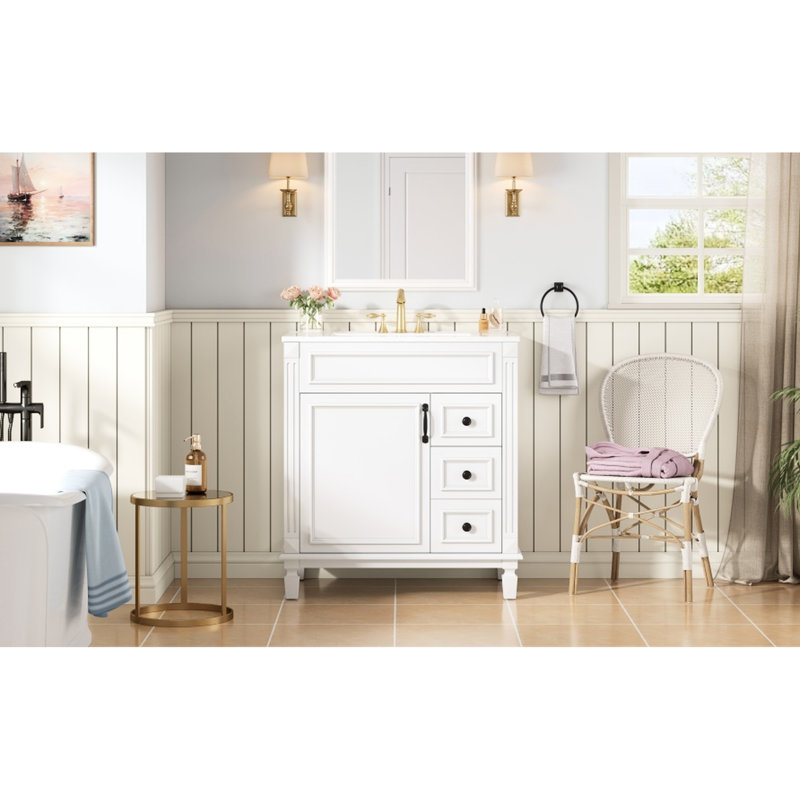 Meuble-lavabo de 30 po avec lavabo en céramique, tiroirs de rangement et tablette réglable - simplicité française dans les petits meubles