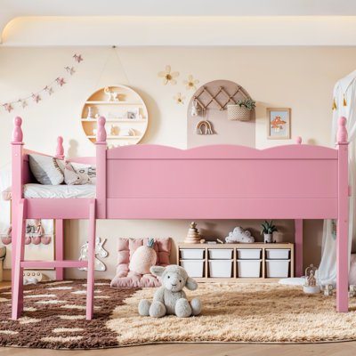 Lit mezzanine double pleine grandeur en bois massif avec garde-corps pleine longueur, échelle et bibliothèque latérale, lit peu encombrant pour enfants avec conception à profil bas, rose