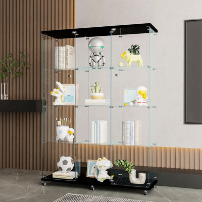 Très grande vitrine en verre avec 4 tablettes très grandes, armoires pour le salon, la chambre à coucher, le bureau, une bibliothèque en verre au sol noir, installation rapide