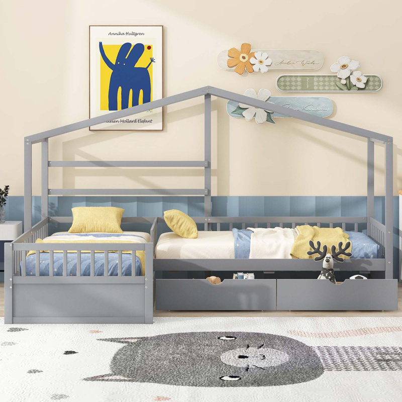 Lit plateforme House avec trois tiroirs de rangement, Gris
