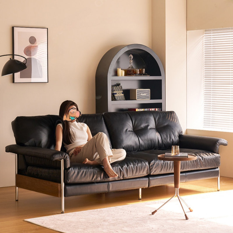 Black Straight-Line Retro Mid-Century Sofa