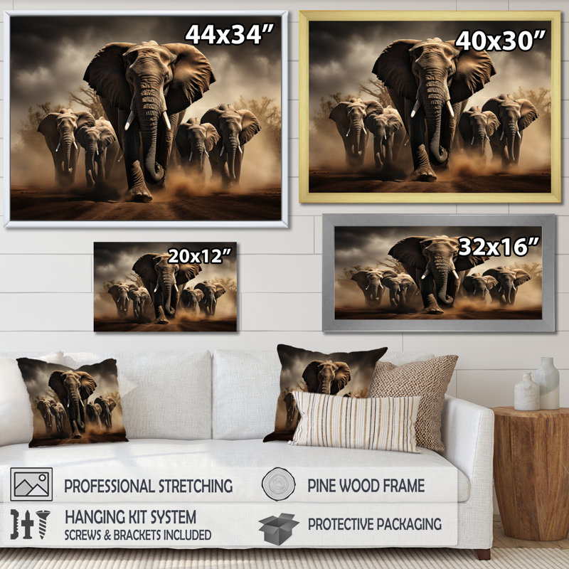Éléphant harmonie en monochrome III - Éléphant, reproduction sur toile encadrée, H 12 po x l 20 po x P 1 po