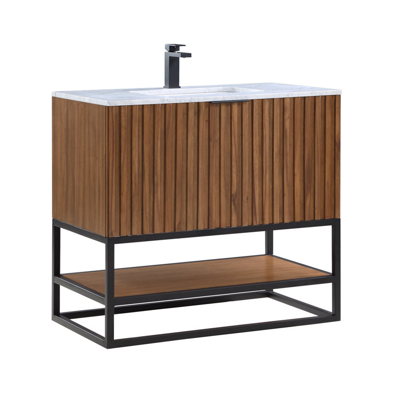 Terra 36'' Single Bathroom Vanity with Top, Carrara Marble/Single Faucet Mount, Walnut, Matte Black