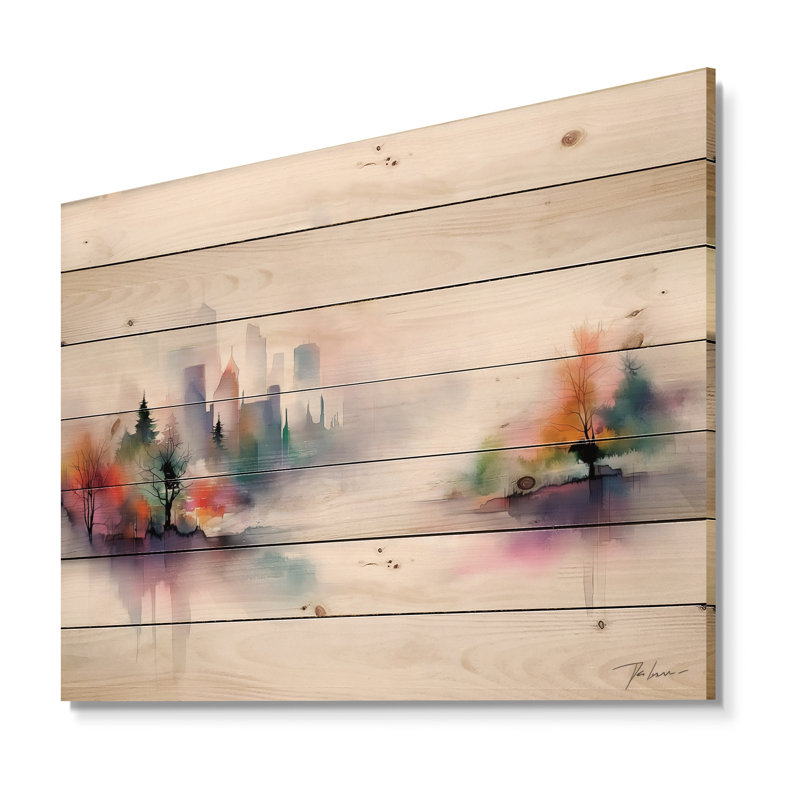 «Lake Eernal Balance In Autumn III», impression de paysage vert sur bois de pin naturel, H 10 po x l 20 po x P 0,78 po
