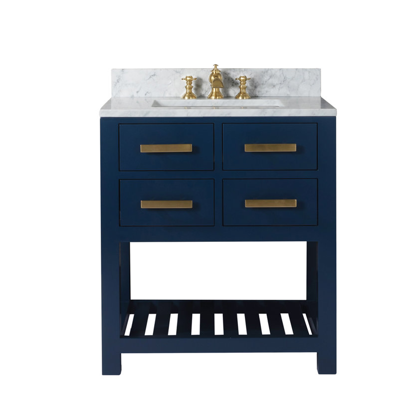 Meuble-lavabo de comptoir en marbre blanc Carrara de 30 po Doucette bleu Monarch avec robinet