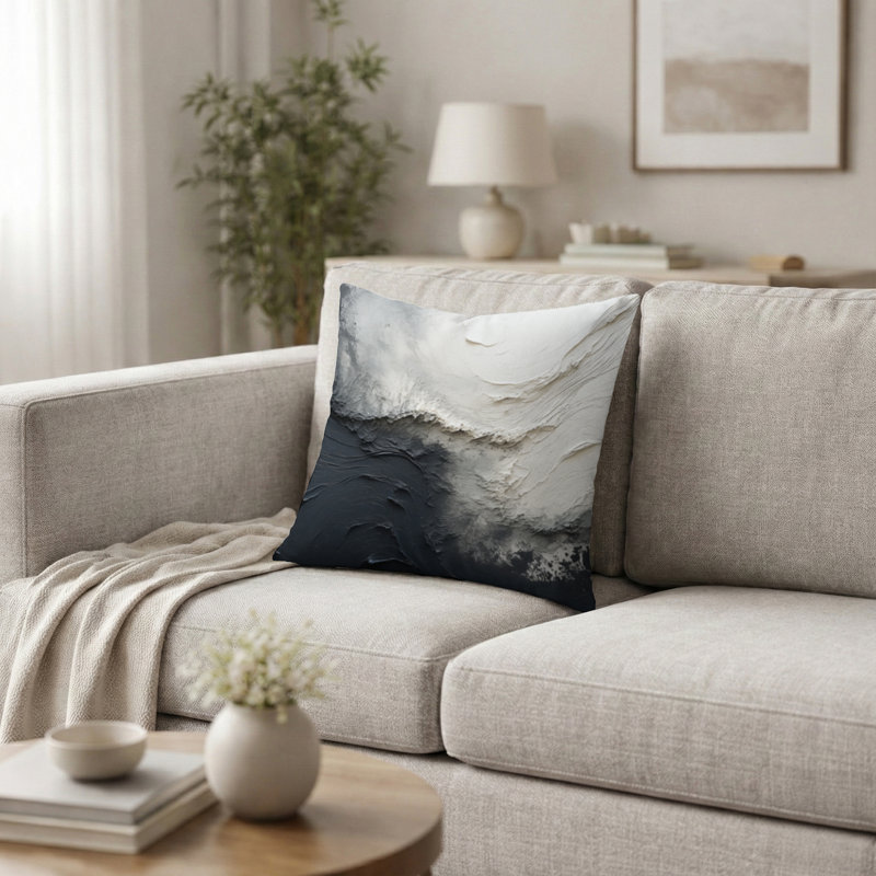 Coussin décoratif crème imprimé - Minimalisme peinture en noir et blanc Wave I, H 16 po x l 16 po