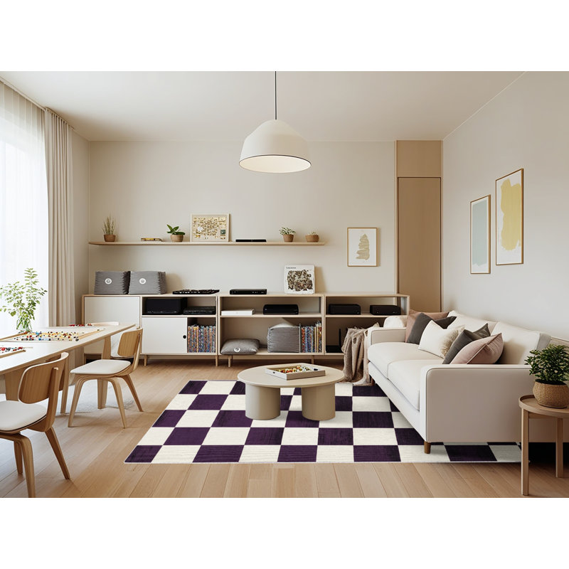 Machine Washable Checkered Beige Area Rug, Rectangle 7' x 9'