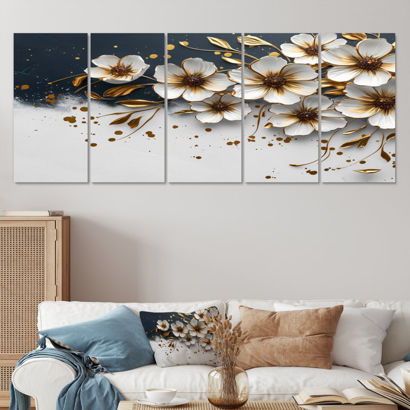 Ensemble de salon art mural blanc et bleu Meadow Charm II - Cornflowers, H 32 po x l 80 po