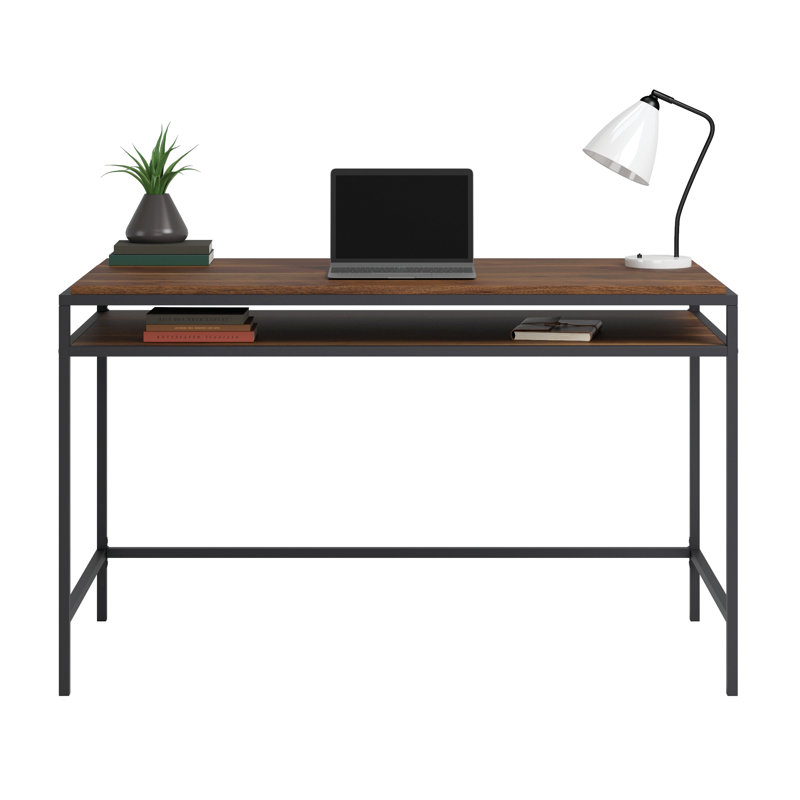 Bureau d'écriture en bois avec structure en métal robuste, noyer foncé