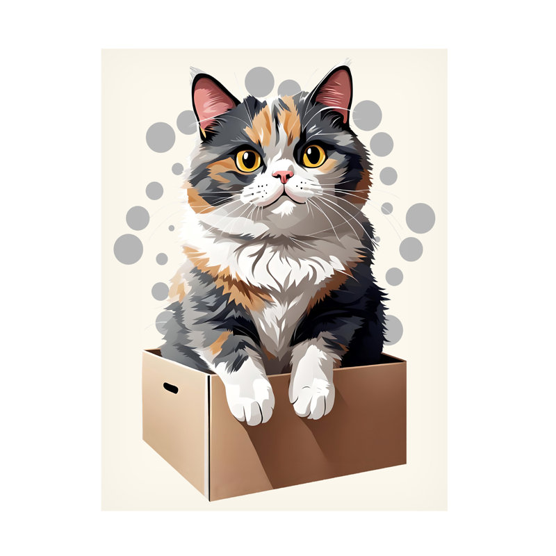 Tina Lavoie, mignon chat calico assis dans une boîte, art sur toile, H 24 po x l 32 po