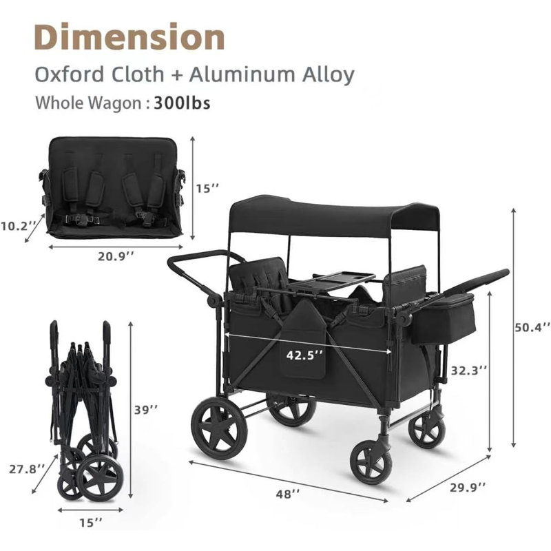 Stroller Wagon For 4 Kids, 4 Seater Wagon Stroller With Convertible Seats Footrests, Snack Tray, Storage Bag, Removable Canopy