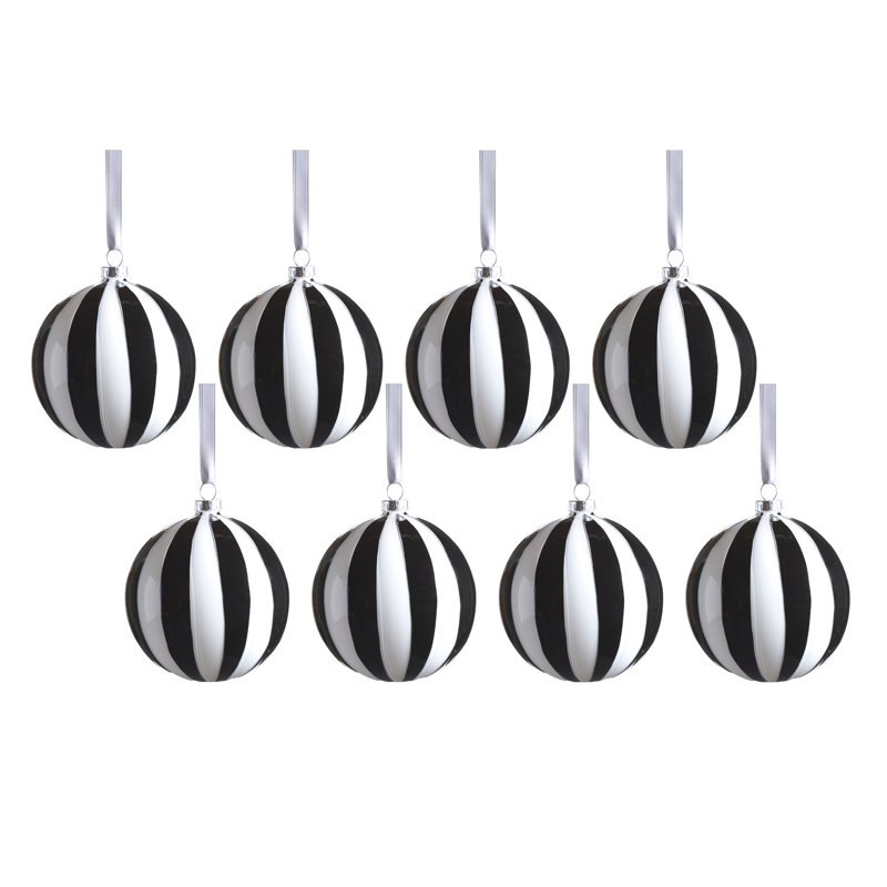 Ensemble d'ornement en verre 8 pièces à rayures monochromes, boule, H 4 po x l 4 po x P 4 po