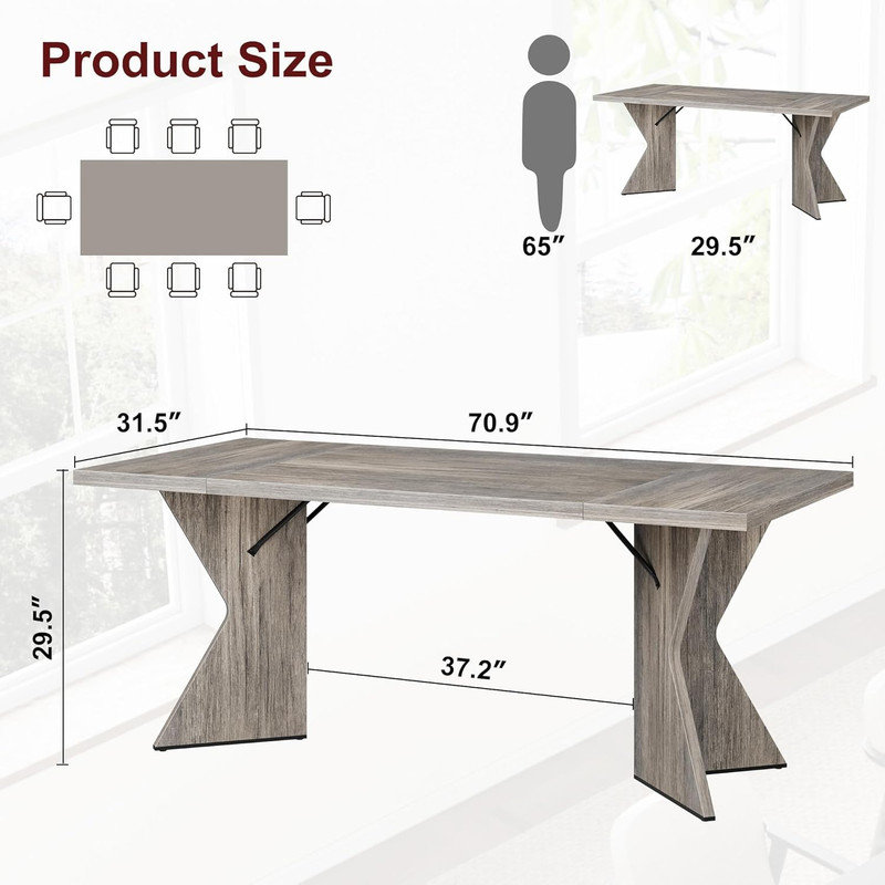 70.9" Farmhouse Dining Table for 6 with V-Shaped Leg, Solid Wood Kitchen Table for Dining Room, Gray