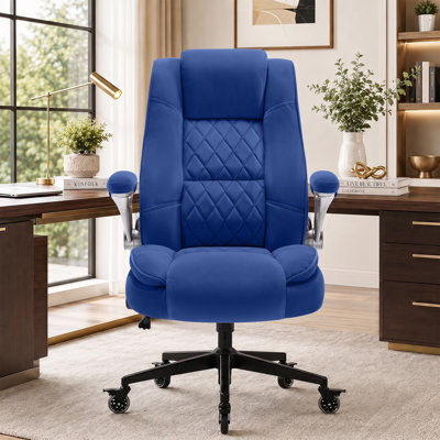 Fauteuil de direction ergonomique en velours à dossier haut, supportant les personnes de grande taille et de forte corpulence (400 lb), avec soutien lombaire réglable, accoudoirs relevables et roulettes pivotantes.