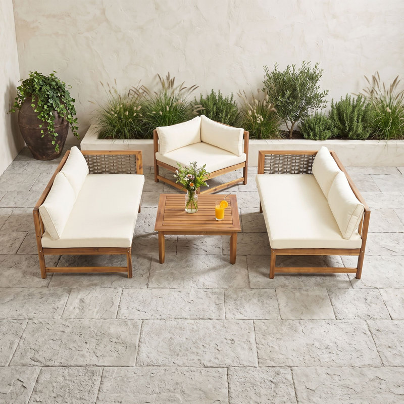 Méridiennes de patio en bois avec chaise d'angle, table et coussins, Beige