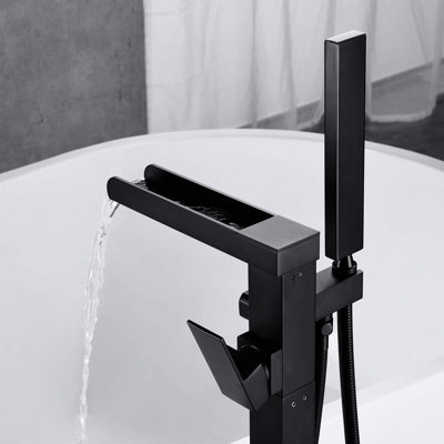 Robinet de baignoire fixé au sol noir mat avec bec cascade et douche à main amovible - Luminaire de salle de bain flexible