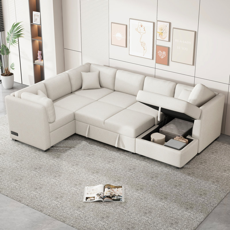 Canapé modulaire 108,6 po beige avec lit, rangement et prise électrique, 5 ports de charge en forme de U, Chenille beige