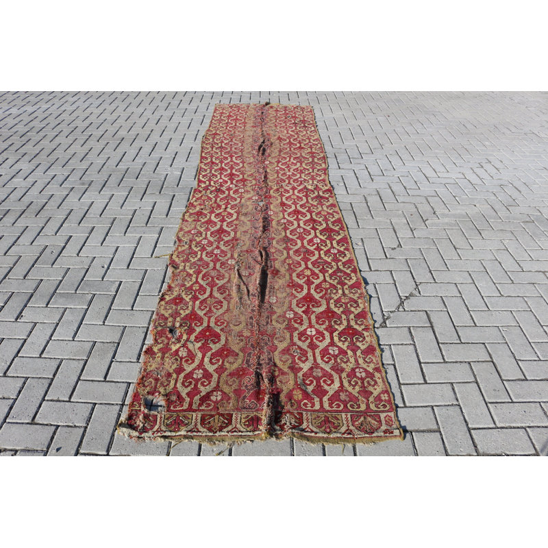 Tapis de couloir turc antique rouge et or à motif complexe idéal pour les décors bohémiens