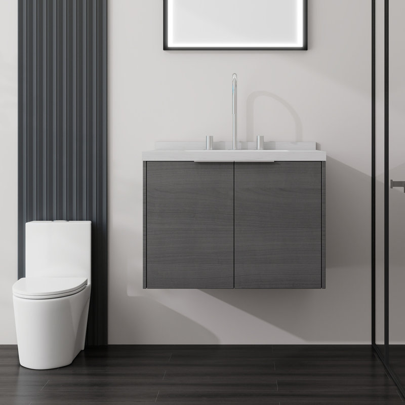 Meuble-lavabo suspendu de 61 cm avec lavabo, armoire en contreplaqué, lavabo en céramique, comptoir et dosseret en marbre reconstitué blanc de Carrare de 5 cm, portes à fermeture amortie, gris