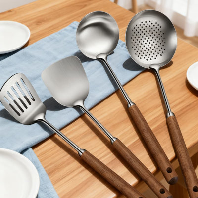 4-Piece Walnut Wood Handle Kitchen Utensil Set With 316 Stainless Steel Heads, Includes Spatula, Spoon, Ladle, And Slotted Spoon For Cooking And Frying