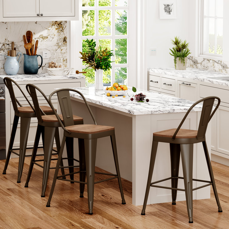 High Back Metal Counter And Bar Stools, White, Counter Stool (26” Seat Height)