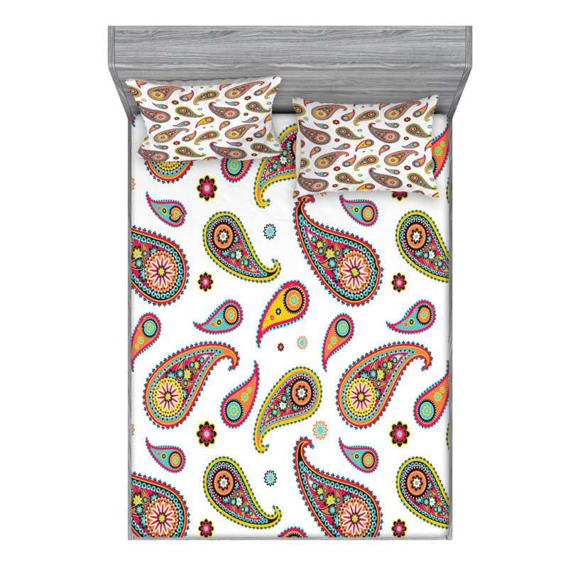 Microfiber Floral Sheet Set, Queen Sheet Set + Fitted Sheet + 2 Pillowcases, Red/Green Ikat