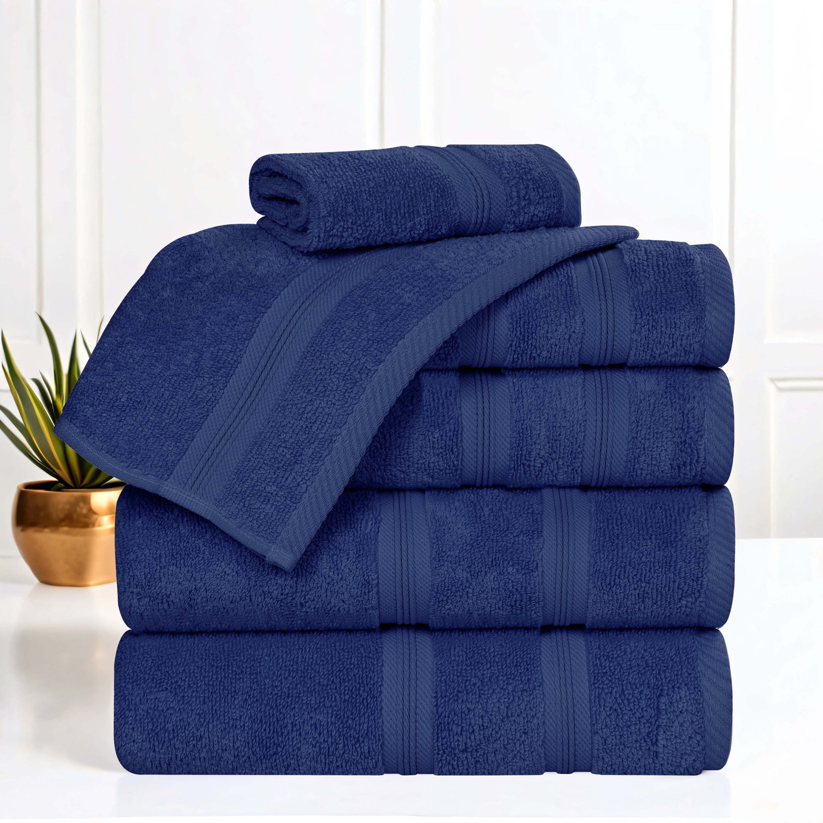 6-Piece Quick-Dry Cotton Towel Set, Navy Blue