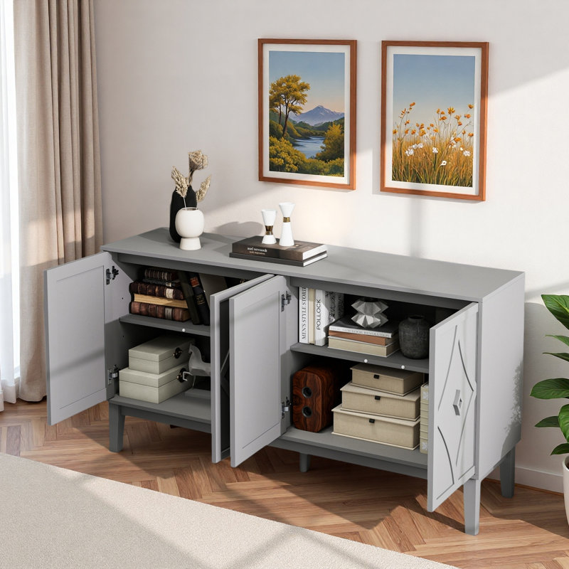 Buffet rétro avec portes géométriques sculptées à la main, tablettes réglables, poignées en forme de losange 3D et pattes centrales réglables