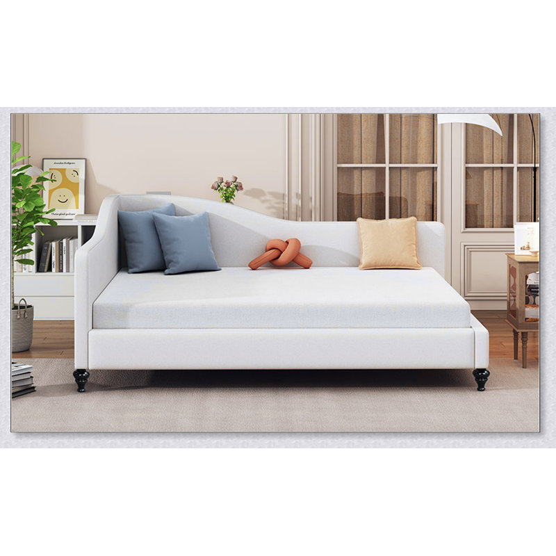 L-Shaped Linen Daybed,With Solid Wood Legs, Beige, Full / Double