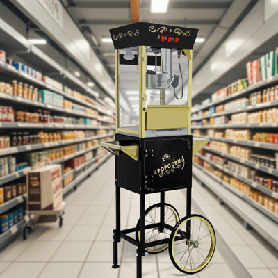 Machine à maïs soufflé 12 oz avec chariot, bouilloire en acier inoxydable 12 oz et lumière chauffante, peut contenir jusqu'à 60 tasses, idéale pour les réunions de famille, les salles de cinéma et les parcs d'attractions, noir et or