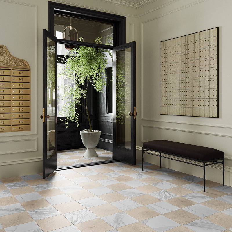 Avanti 12 in. x 12 in. Tumbled Marble Checkerboard 12 in. x 12 in. Polished Marble Tile, Calacatta Gold and Crema