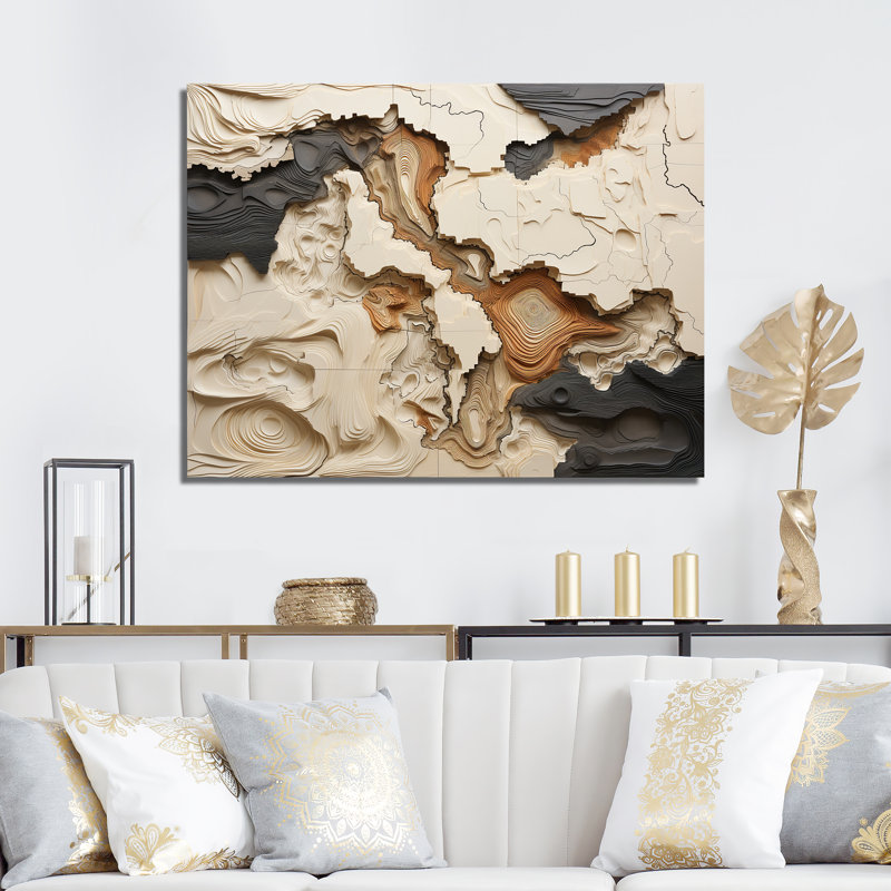 Collage de rivière africain beige et brun - formes abstraites, impression sur toile - sans texture, H 16 po x l 32 po