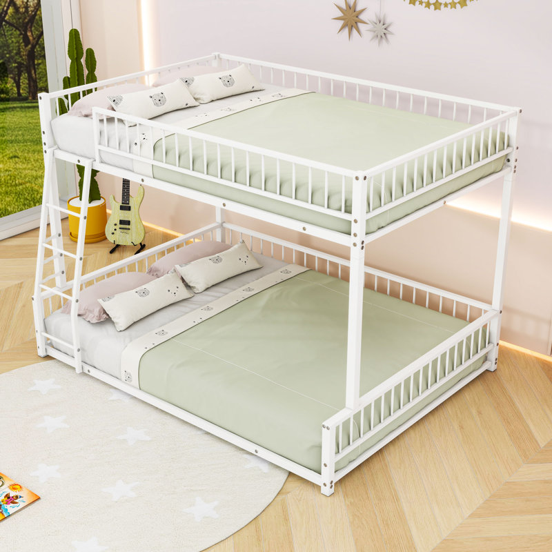 Metal Bunk Bed With Ladder And Guardrails, White, Full XL over Queen