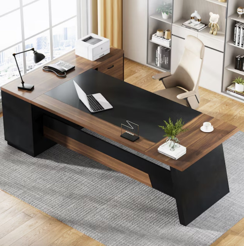 Bureau de direction en L de 78,7 po avec classeur et tiroirs, grand poste de travail d'ordinateur moderne avec tablettes de rangement, noyer clair + noir