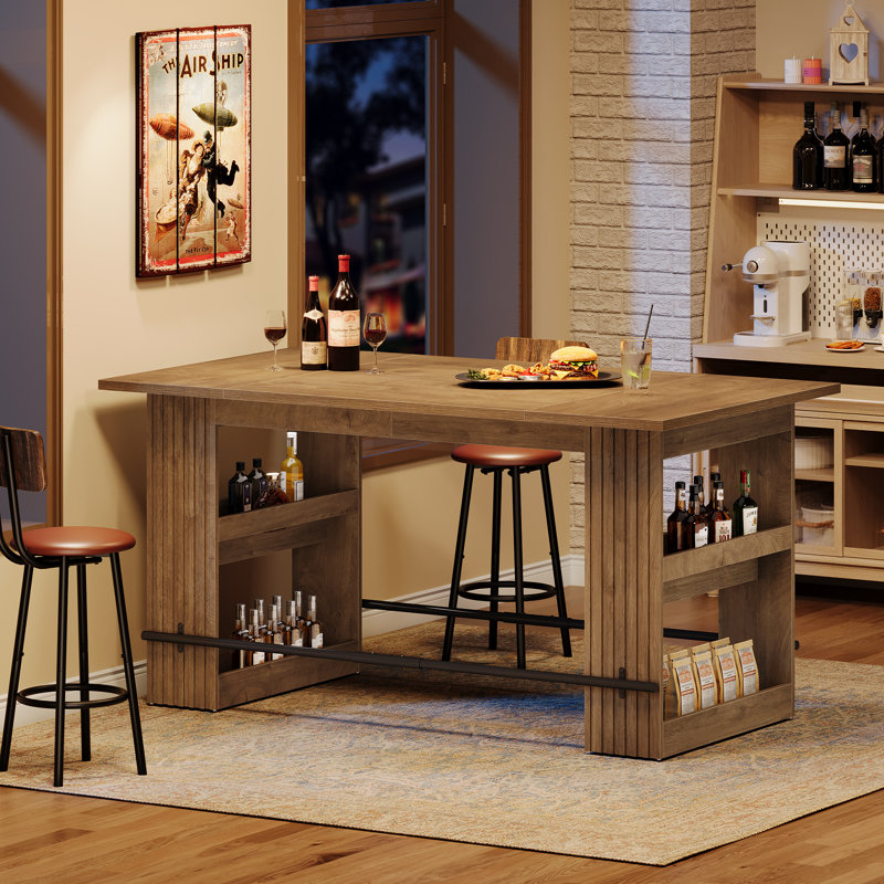 63-Inch Bar Table with Storage Shelves, Industrial Counter Height Pub Dining Table with Footrest for Kitchen, Dining Room, Living Room, Bistro, Rustic Brown