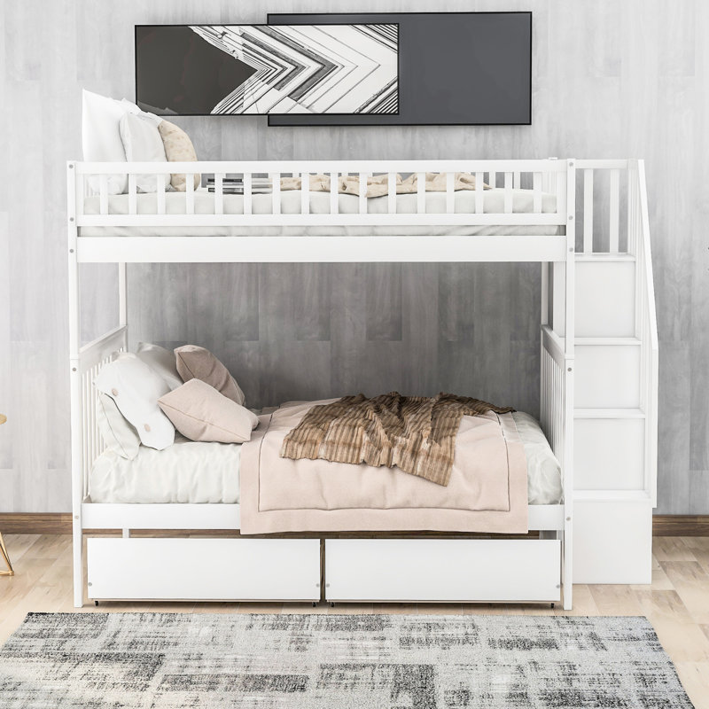 Lit double superposé blanc avec rangement pour tiroir - Convient à 4 personnes, garde-corps robustes et durables, facilite la mobilité, lit à deux places et assure une solution de repos sécuritaire et pratique