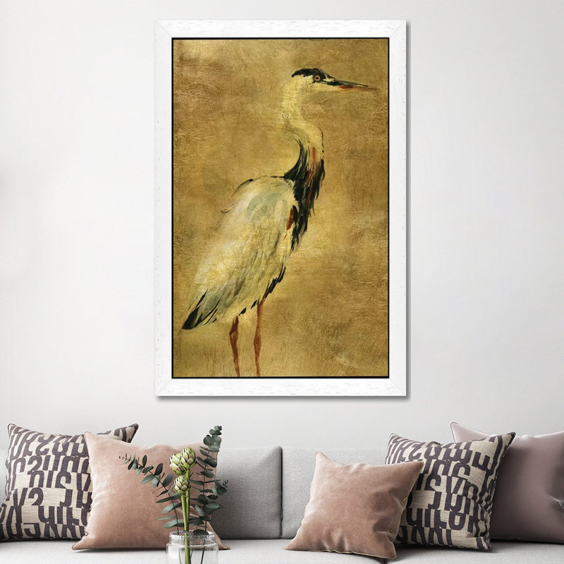 Gold Crane At Dusk I - Floater Frame Print on Canvas, White Framed, 152.5 cm H x 101.5 cm W