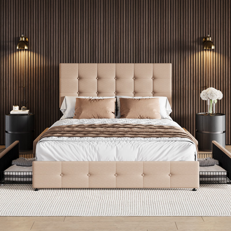 Laterius Upholstered Metal Four Poster Storage Bed, Full, Beige