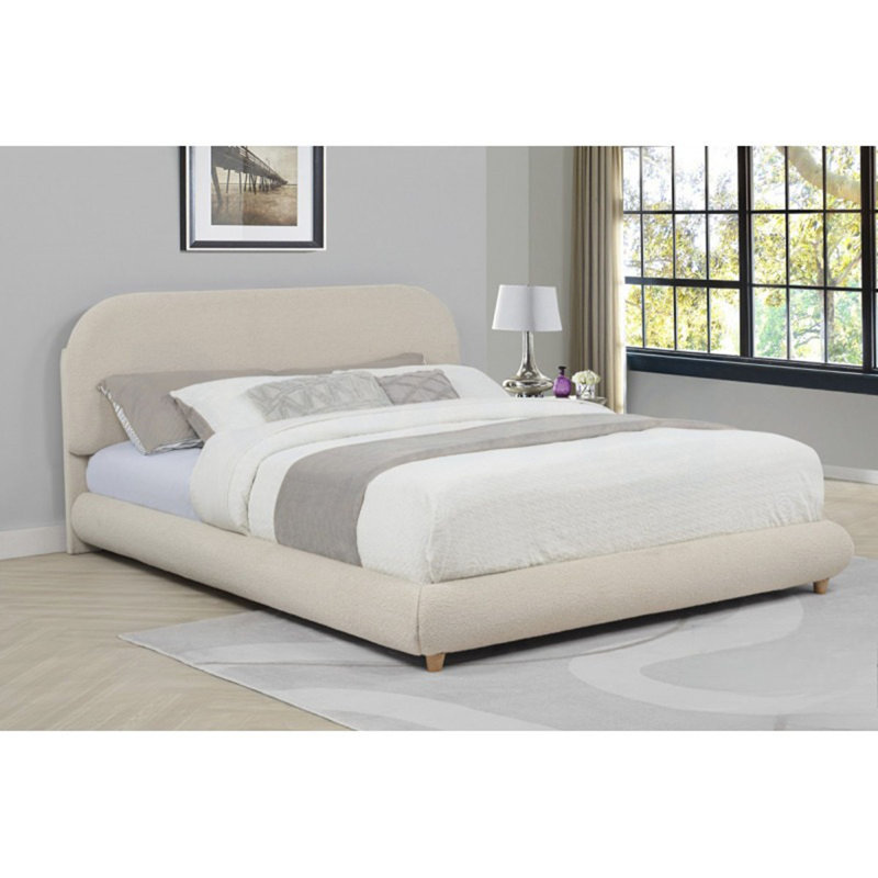 Grand lit plateforme contemporain à profil bas, structure en bois, lit rembourré en tissu molletonné doux, crème, Crème