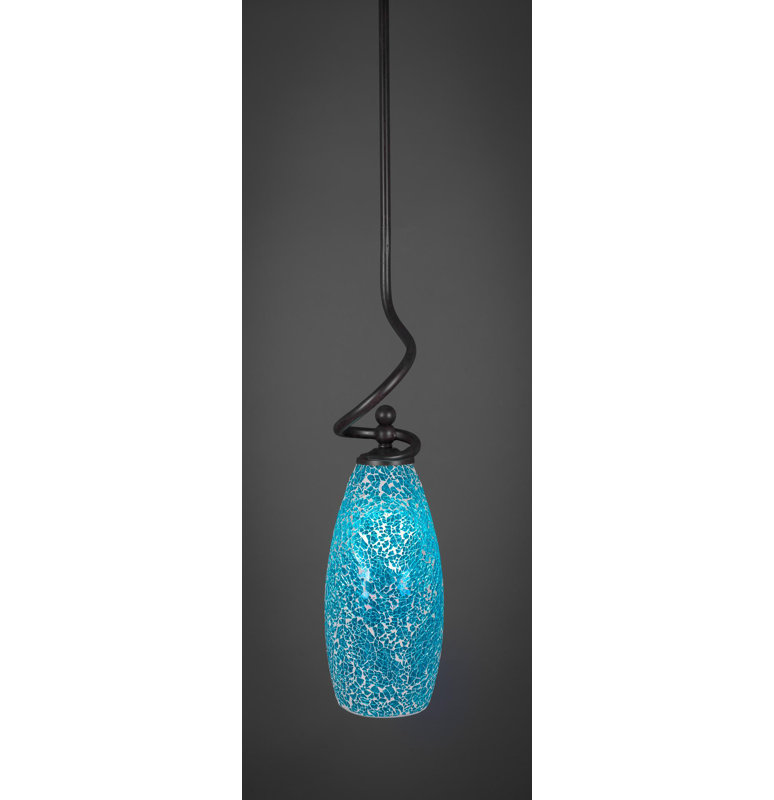 Mini-luminaire suspendu à tige Skypark présenté en finition granite foncé avec verre de fusion de 5,5 po, Turquoise