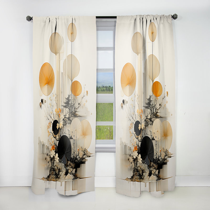 Asian Art Seashell Sumi X - Asian Art Curtain - Velvet Room Darkening - 1 Panel, 52" W x 90" L