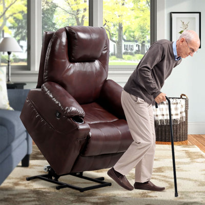 33.5'' Wide Genuine Leather Power Lift Assist Standard Recliner with Massage and Heated
